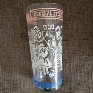 Vintage General Store Drinking Glass Embossed Pink White Blue Mid Century
